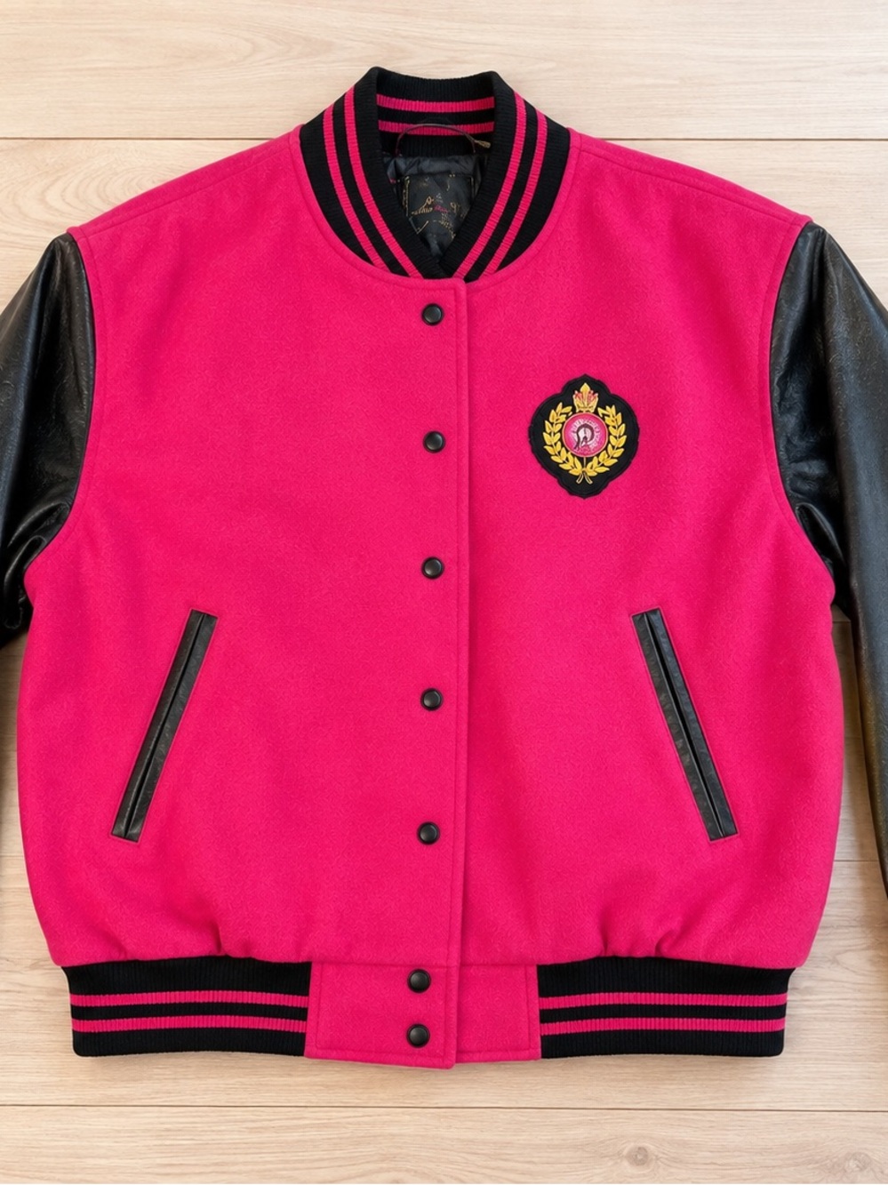 Liz Claiborne Hot Pink Varsity Jacket with Black Leather Sleeves